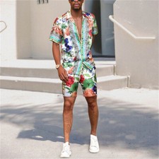 Men Summer Outfit 2-Piece Set Short Sleeve T-Shirt and Shorts Hawaii Set