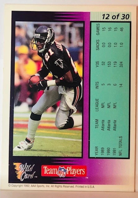 1992 Wild Card SILVER Deion Sanders Field Force INSERT #12 of 30 NFL Football - Image 2 of 2