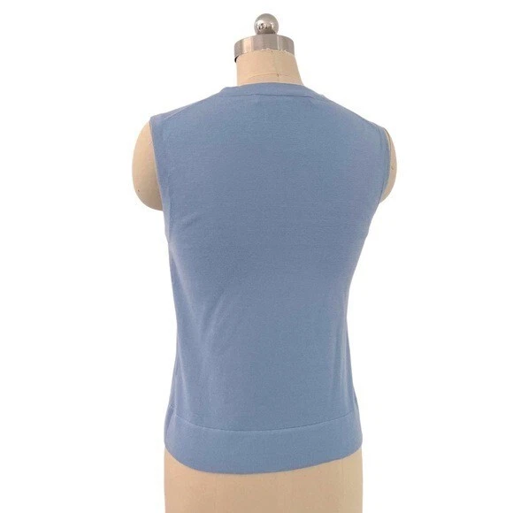100% 正品 Carolina Herrera 羊绒丝绸蓝色无袖上衣毛衣 S / P — 第 2/4 张图片