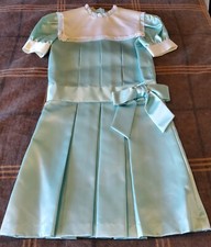 Vintage Girl's Square Collar Pleated Drop Waist Sunday Dress. Handmade Blue
