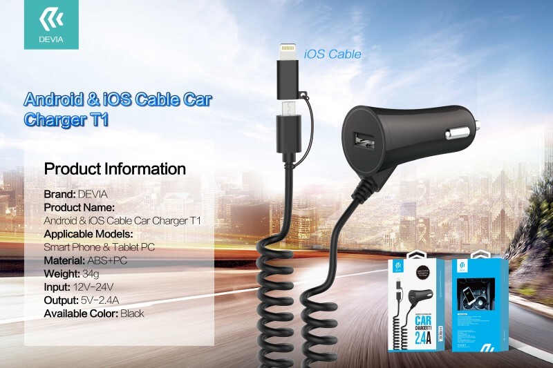 Carica Batterie Carica da Auto T1 con Cavo Android & Lightning + Uscita USB