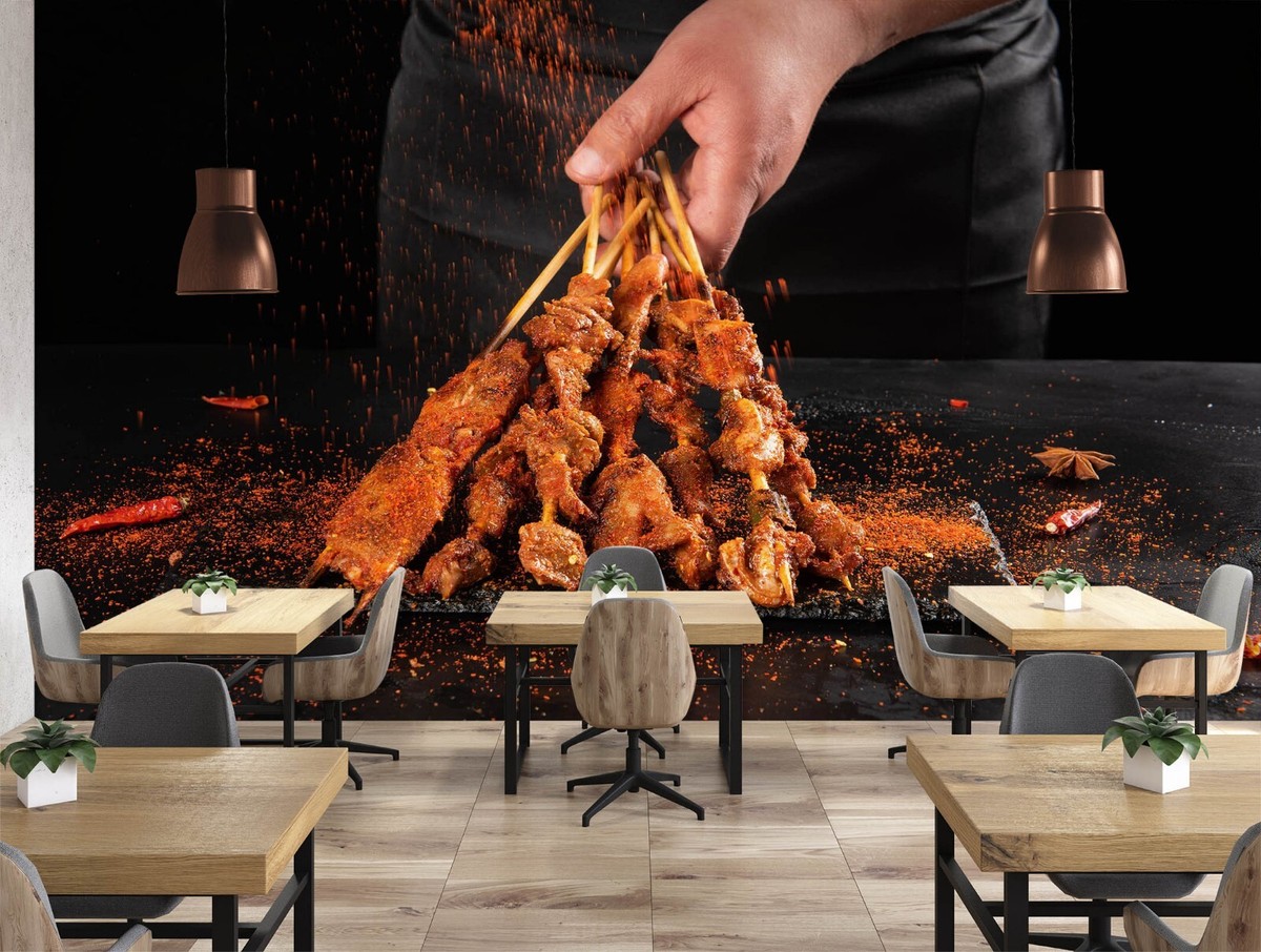 Papier Peint 3D Grill Kebab Shop R1114 - Autocollant Commercial Coloré - Unbranded