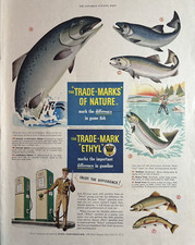 1950 Ethyl Anti Knock Gasoline Oil Nature Fish Trout Salmon Pump VTG Print Ad