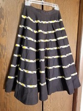 VTG 1950s Black Circle Skirt w/Gray, Yellow, White Inlaid Stripes, lots of swing