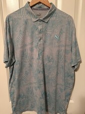Puma Palm Leaf Stripe Golf Shirt XL. Teal/Grey
