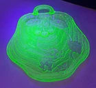 Hazel Atlas Charlie Uranium Glass Handled Leaf Dish Depression Glow Green