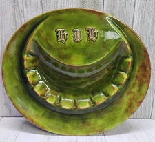 Vtg Glazed Green Two Toned Ceramic Ashtray with 11 Slots German Gothic Markings