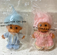 2 Vintage 4.5" Russ Berrie Troll Doll Pink  Blue Hair Brown Eyes 4.5 inches