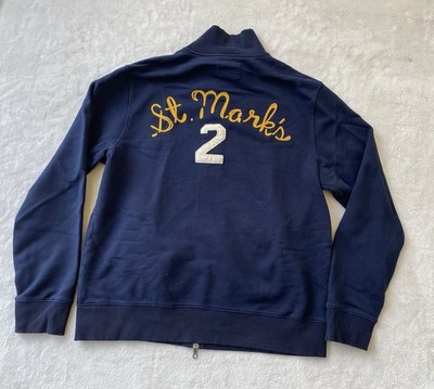 J. Crew St. Mark's Embroidered Stadium Fleece Jacket Mock Neck Full Zip Blue L
