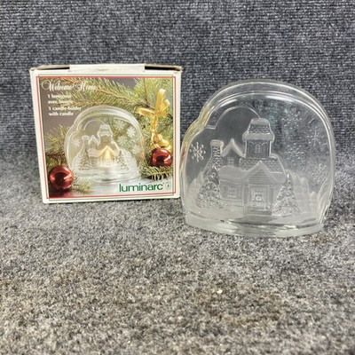 '91 Luminarc Glass Welcome Home Winter Snow Scene Tea Light Votive Candle Holder