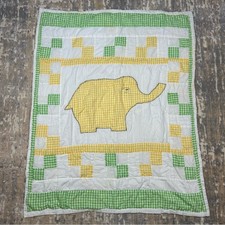 Vintage Handmade Elephant Gingham Baby Crib Yellow Green Quilt 45"x37"