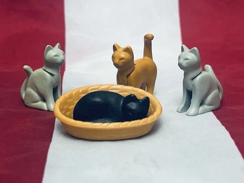 Vintage 1989 Playmobil Victorian Mansion Cat Figures and Kitten in Basket Lot