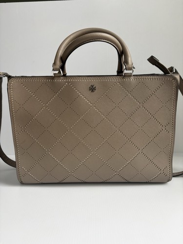 Tory Burch Robinson Crosshatch Large Zip Tote Satchel In French Gray EUC