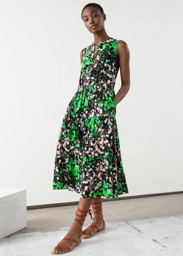 & Other Stories Floral Print Sleeveless Tiered A-Line Midi Dress Green/Black 6