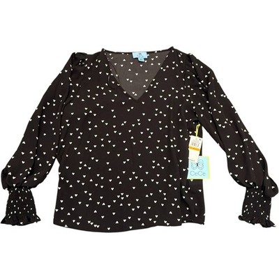 CeCe Women s Black Heart Print Blouse Long Sleeve V-Neck Size S NWT