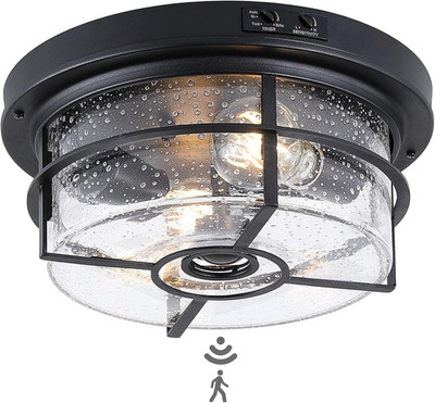 Motion Sensor Outdoor Flush Mount Ceiling Light - Sleek round Exterior with Seed