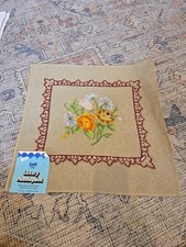 Vintage Needlepoint Canvas Preworked Dritz Floral Flower Bouquet Framed