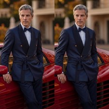 Navy Blue Satin Men's Suits With Belt Shawl Lapel Wedding Groom Tuxedo 2 Pieces