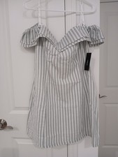 XL Lulus Green and White Striped Linen Off Shoulder Dress