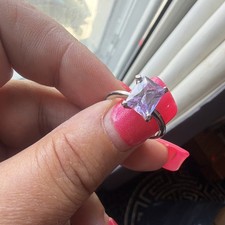 Silver Tone Princess Cut Purple Solitaire Ring, Prong Set, Size O