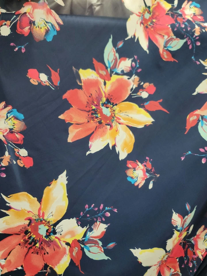 Navy Blue Chiffon Fabric By The Yard Multi Color Floral Red Yellow - Image 3 of 4