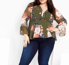 NEW City Chic Military Gardenia Floral Mya Top Peplum Tunic Plus Size XL 22 #N93