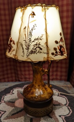 Gorgeous Vintage Antique Brown Pottery Lamp with Plastic Dried Flowers Shade 