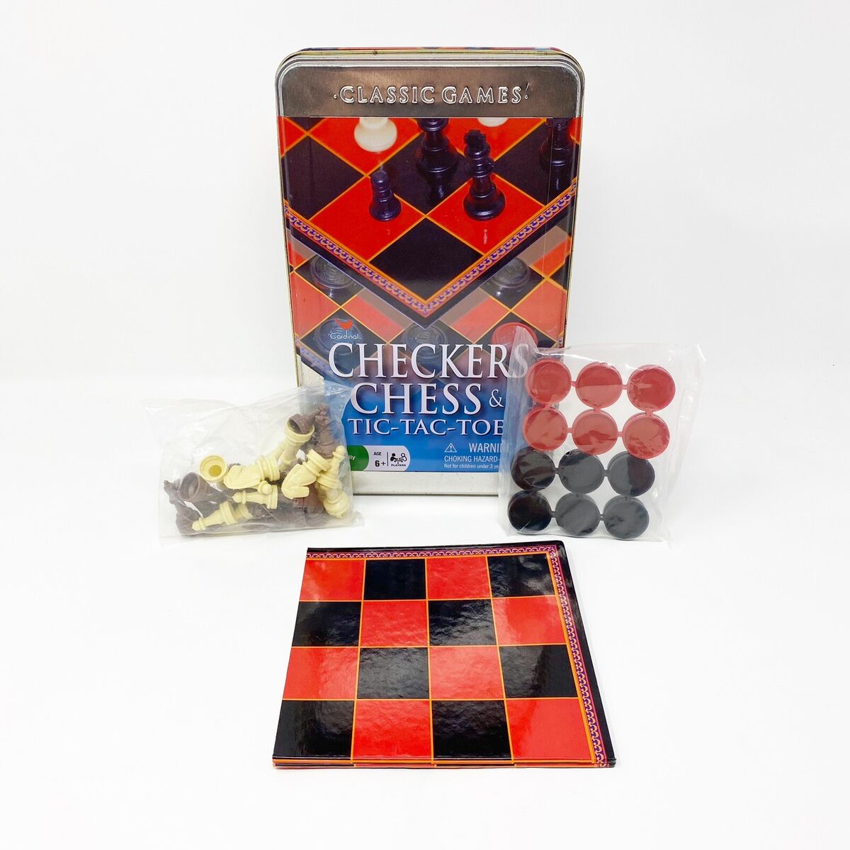 Cardinal 3 Games in 1 Set, Travel Tin, Open Box, Checkers, Chess & Tic-Tac- Toe