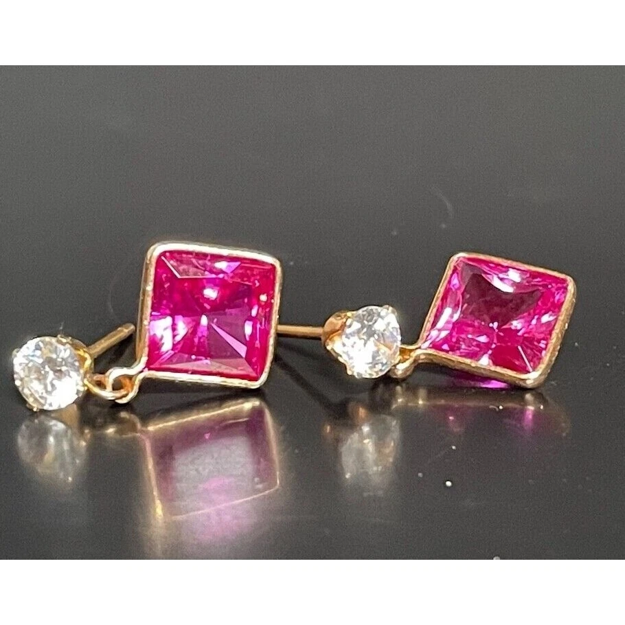 PENDIENTES CIELO ORO AMARILLO 14K ZAFIRO ROSA Y DIAMONIQUE CIRCONITA TALLADO EN LABORATORIO Foto 3 de 4