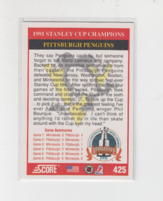 91/92 Score American Pittsburgh Penguins 1991 Stanley Cup