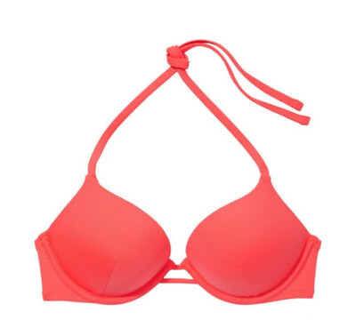 VICTORIA SECRET 38D Essential Bombshell Add-2-Cups Push-Up Swim Top CORAL NWT