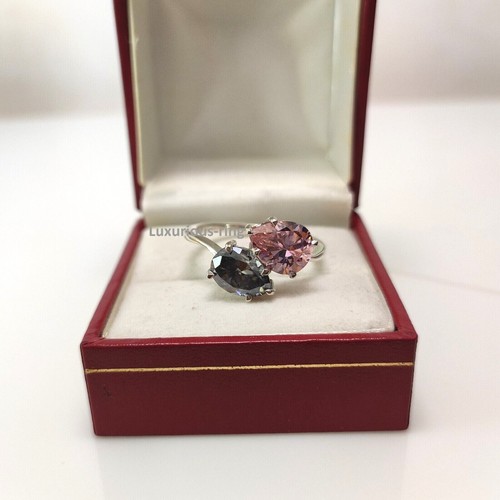 2.66 Ct Pear Cut Gray & Pink Moissanite Wedding Ring Toi Et Moi 925 Silver Ring - Picture 3 of 20