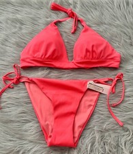 Victoria's Secret Nwt Coral Blaze Ribbed Halter Top  Side Tie Bottom Bikini Set
