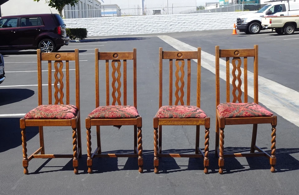 四件套复古Mission风格橡木大麦扭棕色餐厅椅子 — 第 2/4 张图片