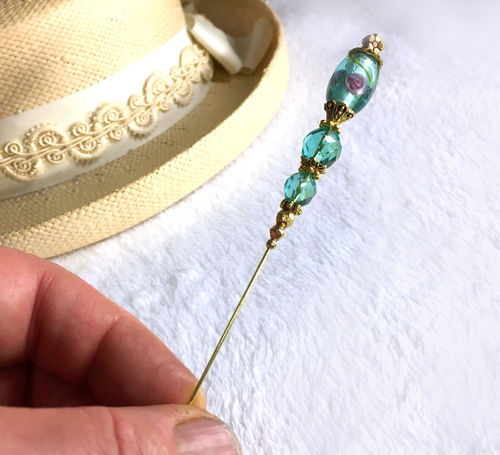 HATPIN with Stunning AQUA GLASS and 2 Crystals on Old Brass Finish - 8 inch - Picture 9 of 12