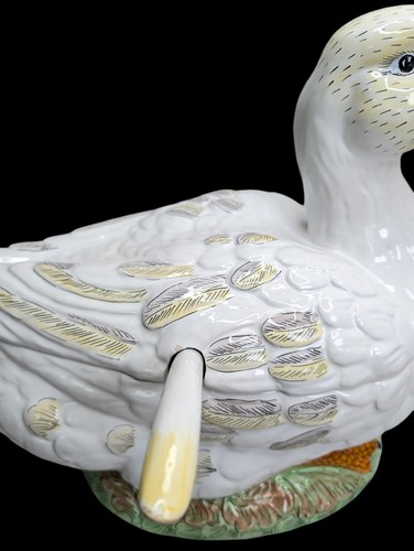 Vintage French Duck Form Soup Tureen Majolica Centerpiece With Lid And Ladle - Picture 3 of 21