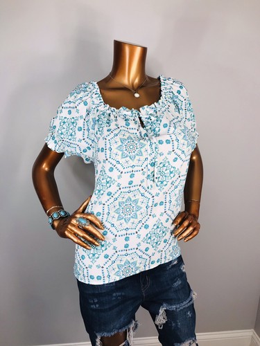 Ann Taylor Loft M Top Damask Print Blouse Soft Short Sleeve Easywear Square Neck - Picture 5 of 8