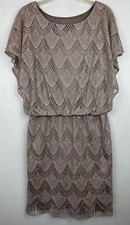 SL Fashions Dress Womans M Lace Beige Champagne Wedding Formal Classy Fringe Hem