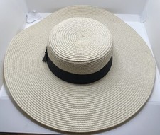 Sun Hat Floppy Wide Brim Adjustable Band Natural Fiber Black Band Butterfly EUC