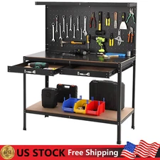 Workbench 48x24" Adjustable Work Bench Table Steel with Pegboard w/Power Outlet