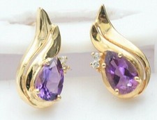 Diamond  Amethyst Earrings 14K Yellow Gold Pear Shape Brand New