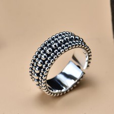 Solid 925 Sterling Silver Full Beads Open Ring Adjustable