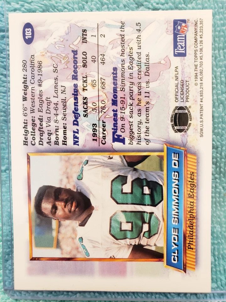 1994 TOPPS FINEST CLYDE SIMMONS #103 PHILADELPHIA EAGLES - Image 4 of 4