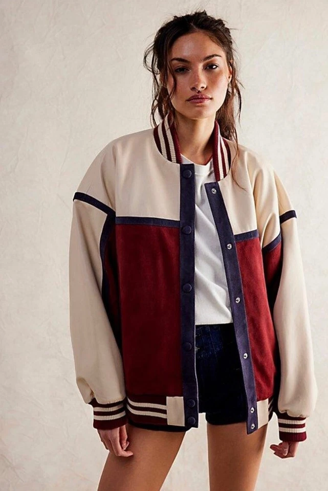 Chaqueta Bomber Free People We The Free Stevie Varsity Cuero Marfil Vino S Nueva con Etiquetas