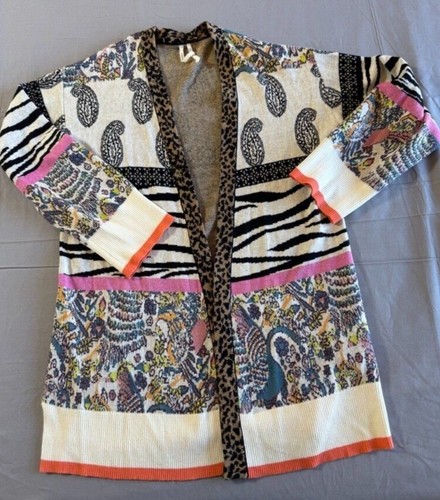 Anthropologie Cardigan Sweater BoHo Multi Color Pink Leopard Print M/L