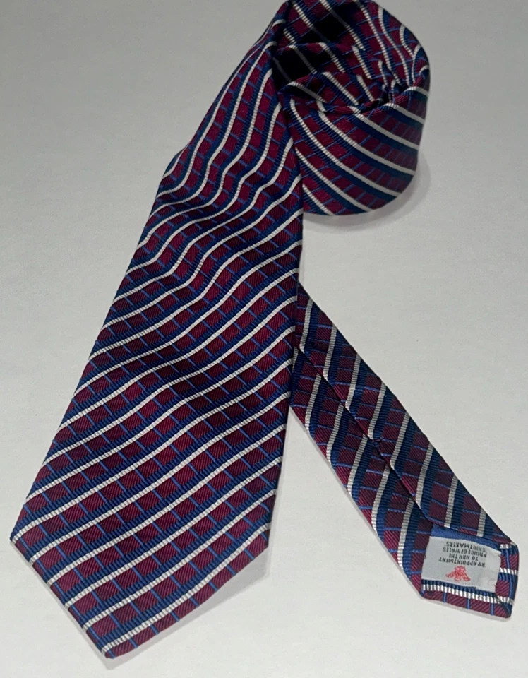 Винтажный мужской галстук Turnbull & Asser London шелк красный с синими белыми диагональными полосками - Изображение 3 из 4