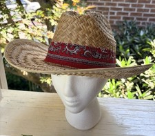 Made In Mexico Natural Woven Straw Cowboy Hat, Red Paisley Bandana Band EUC