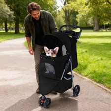 Foldable Pet Stroller w/ 3 Shock-absorbing Wheels-Black