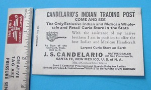 Vintage Candelario's Indian Trading Post advertisement card Santa Fe NM