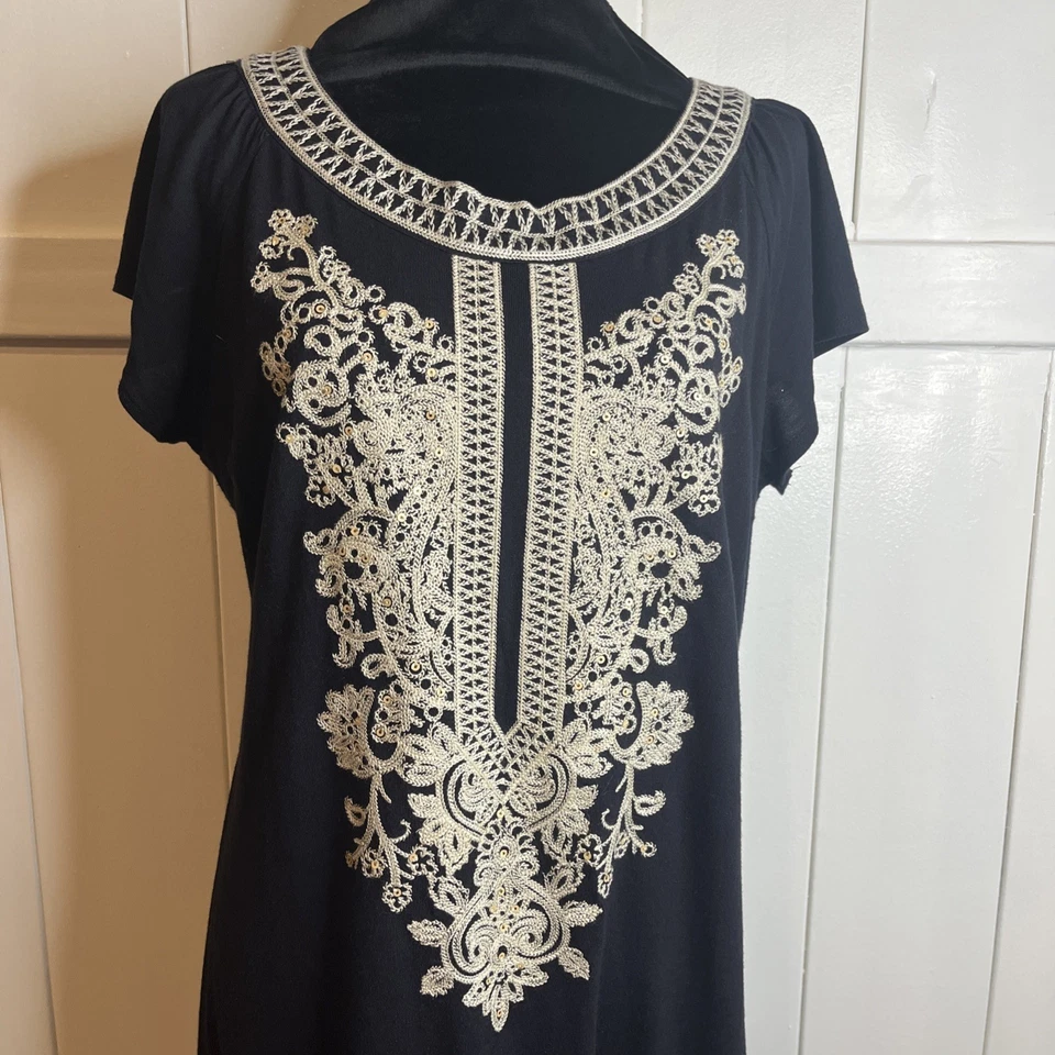 Vestido INC International Concepts bordado negro y marfil manga corta talla L Foto 2 de 4